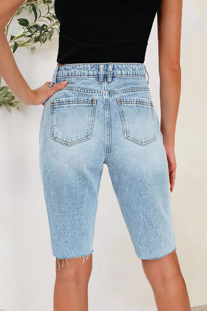 Distressed Pocketed Denim Shorts - -