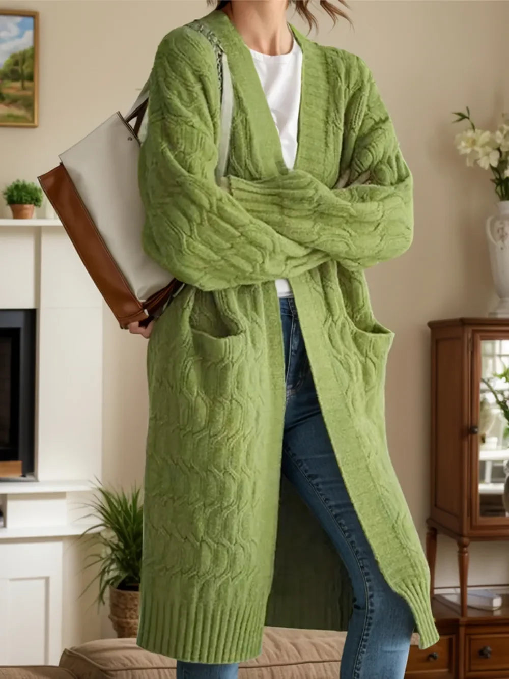Open Front Long Sleeve Cardigan - Green One Size -