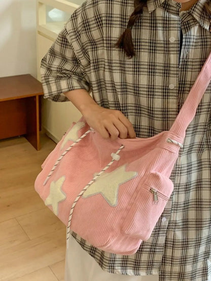 Corduroy Star Applique Casual Crossbody Bag - Pink ONESIZE -