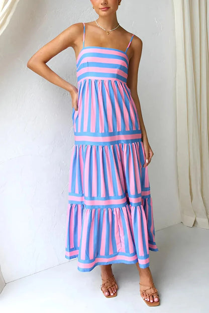 Striped Tiered Maxi Cami Dress - -