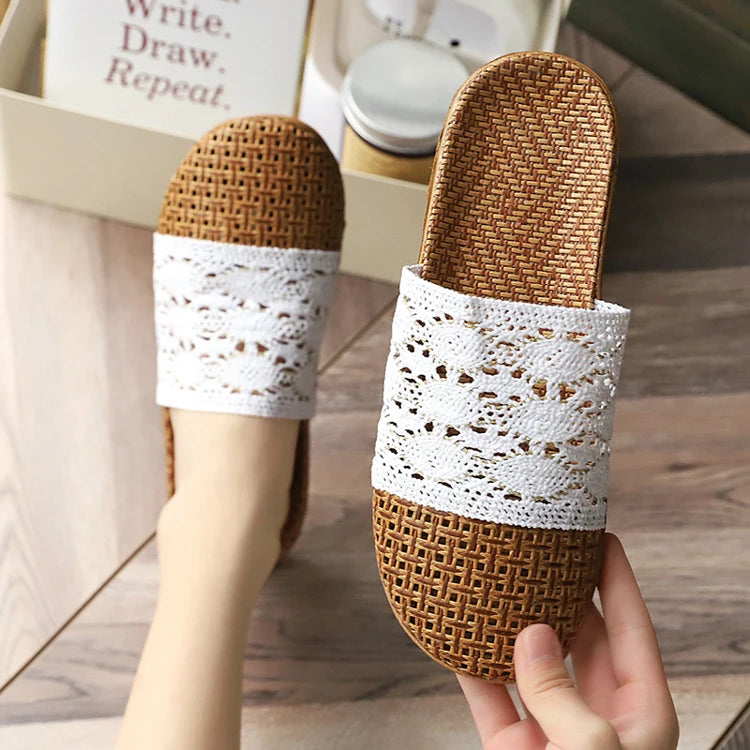 Rattan Mat and Lace Linen Slippers Women Summer Sandals