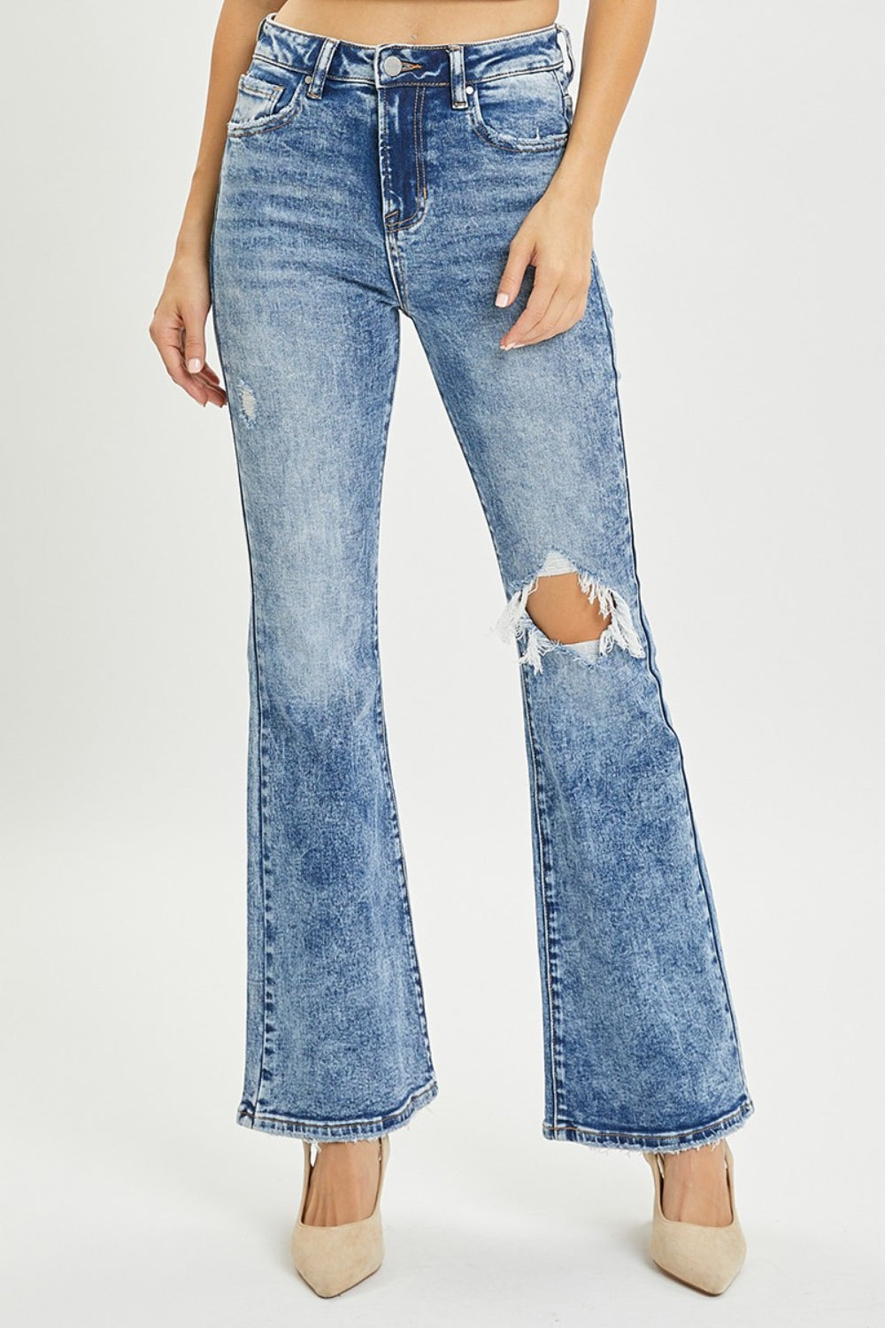 RISEN High Waisted Distressed Blue Denim Flared Leg Jeans - Acid Medium - jeans
