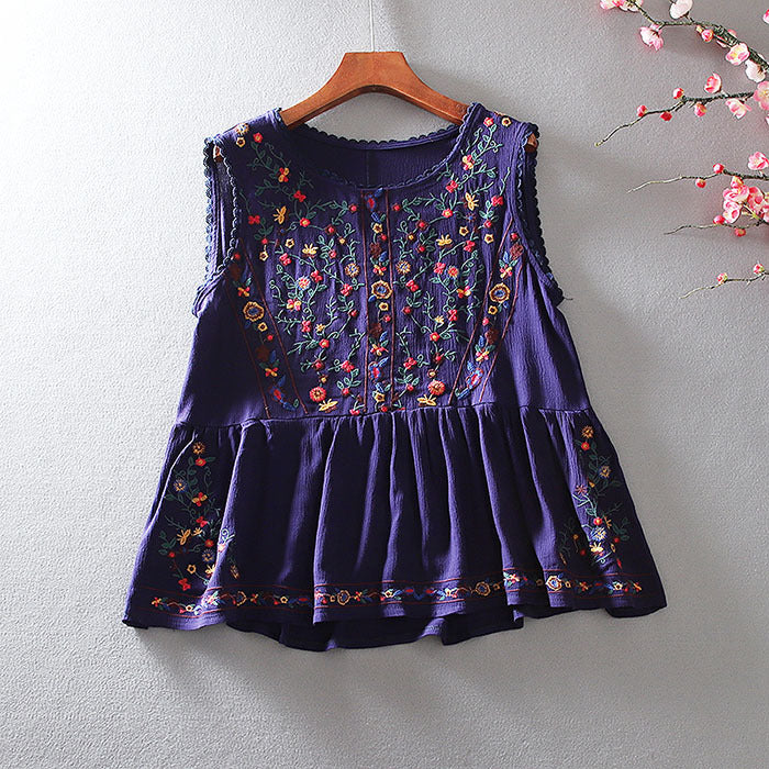 Loose Retro Floral Embroidery Top - Blue L - top
