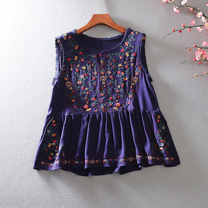 Loose Retro Floral Embroidery Top - Blue L - top