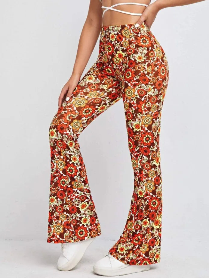 Women Boho High Waist Flare Retro Floral Print Comfy Yoga Palazzo Pants