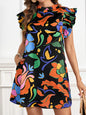 Printed Ruffle Sleeve Mini Dress - Black -