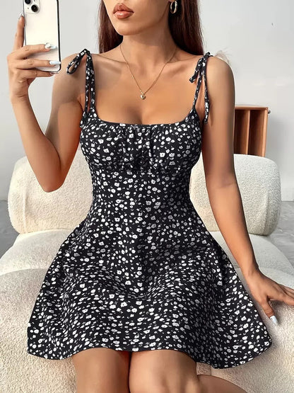 Women's Floral A-Line Mini Dress — Open Back, 10 Colors, XS–XXL - Black - Women's Clothing