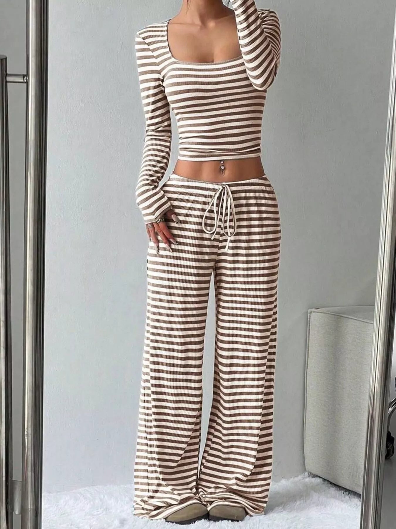 Striped Long Sleeve Crop Top & Wide Leg Pants Set- Shopimist- {{Product type}}
