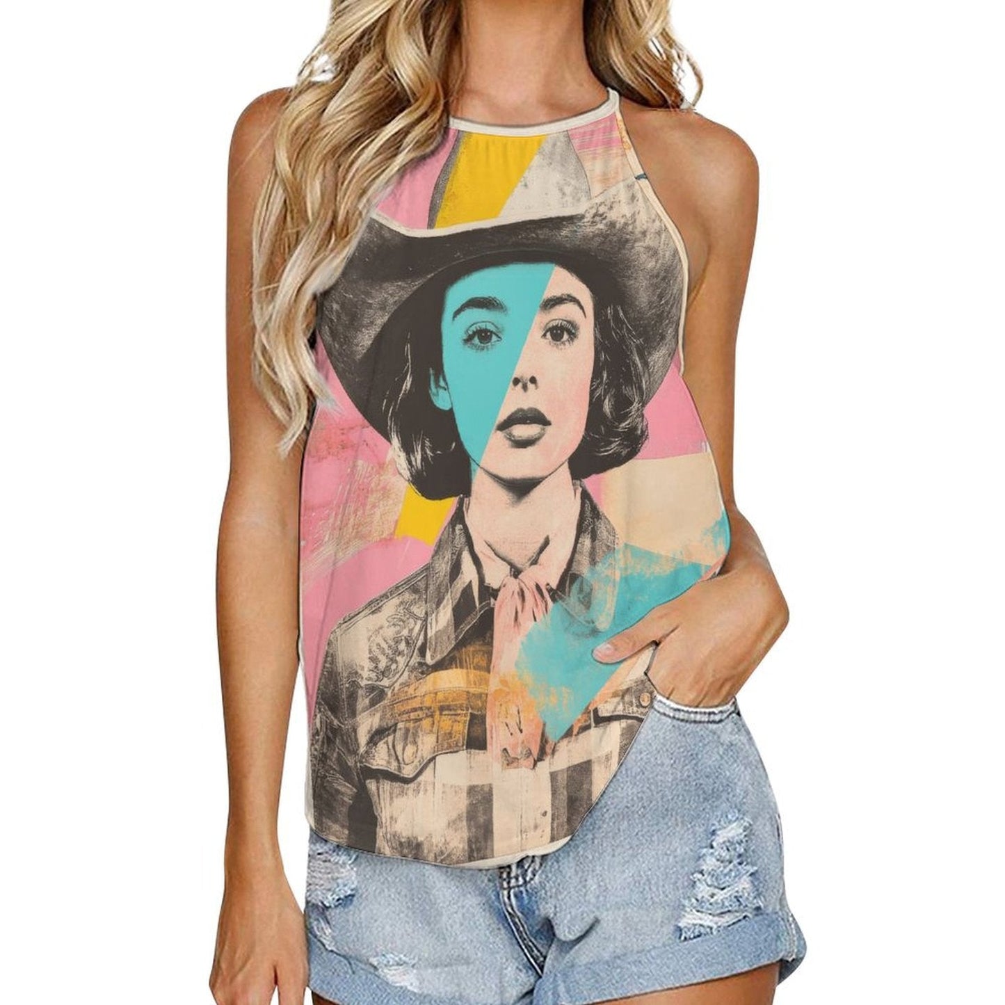 Baha Ranch Turquoise View Retro Pop Western Tank Top - white - Tanks & Camis