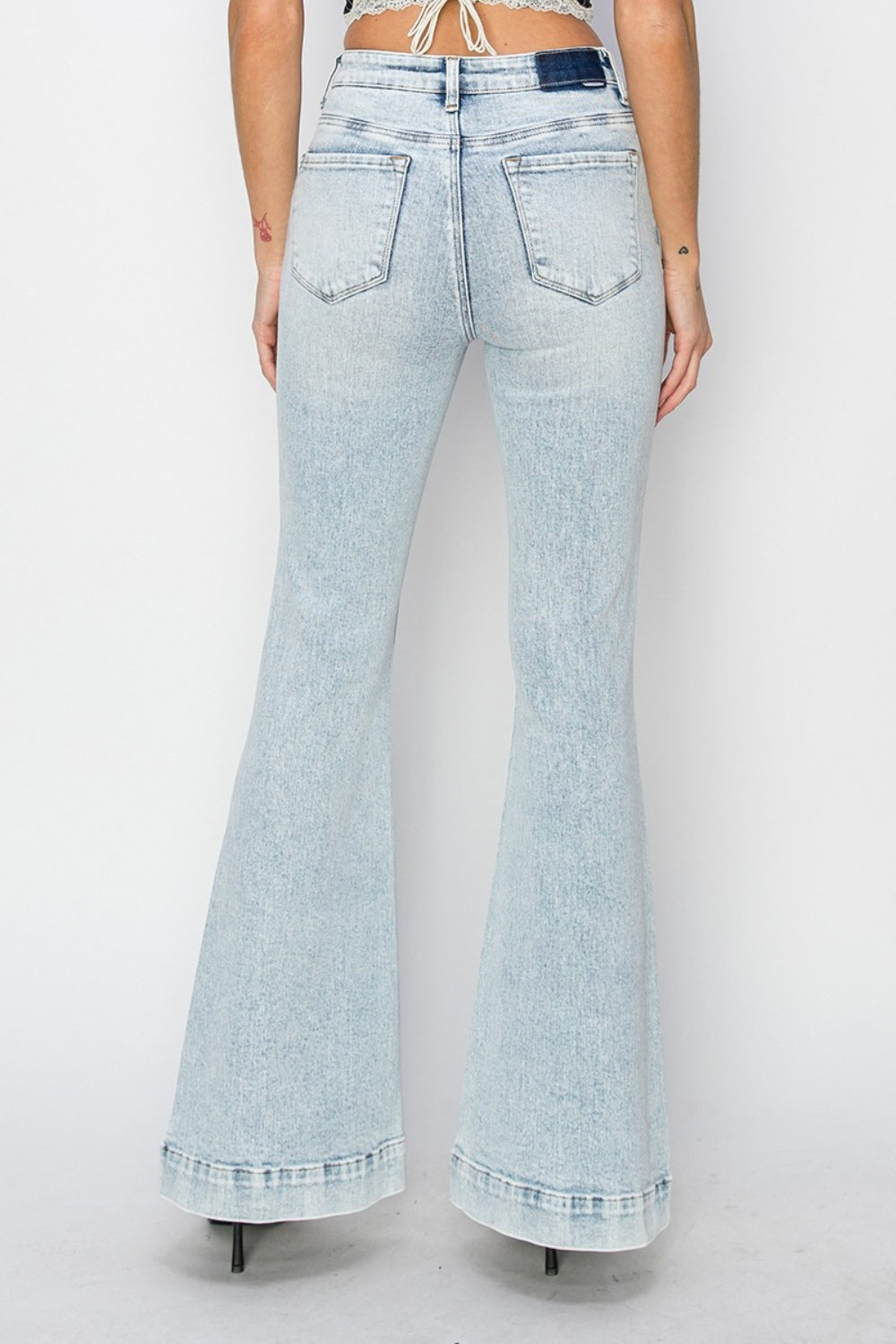 Risen Patch Pocket Flared Leg Light Blue Washed Denim Jeans - - jeans