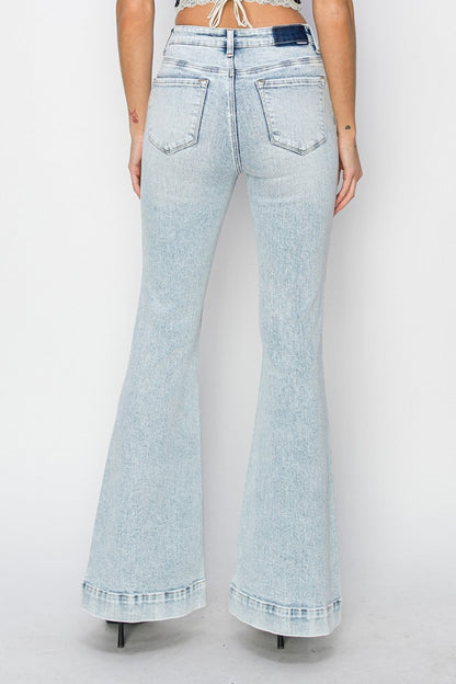 Risen Patch Pocket Flared Leg Light Blue Washed Denim Jeans - - jeans