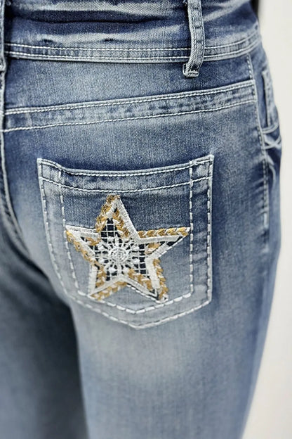 Star Embroidered Bootcut Jeans - -