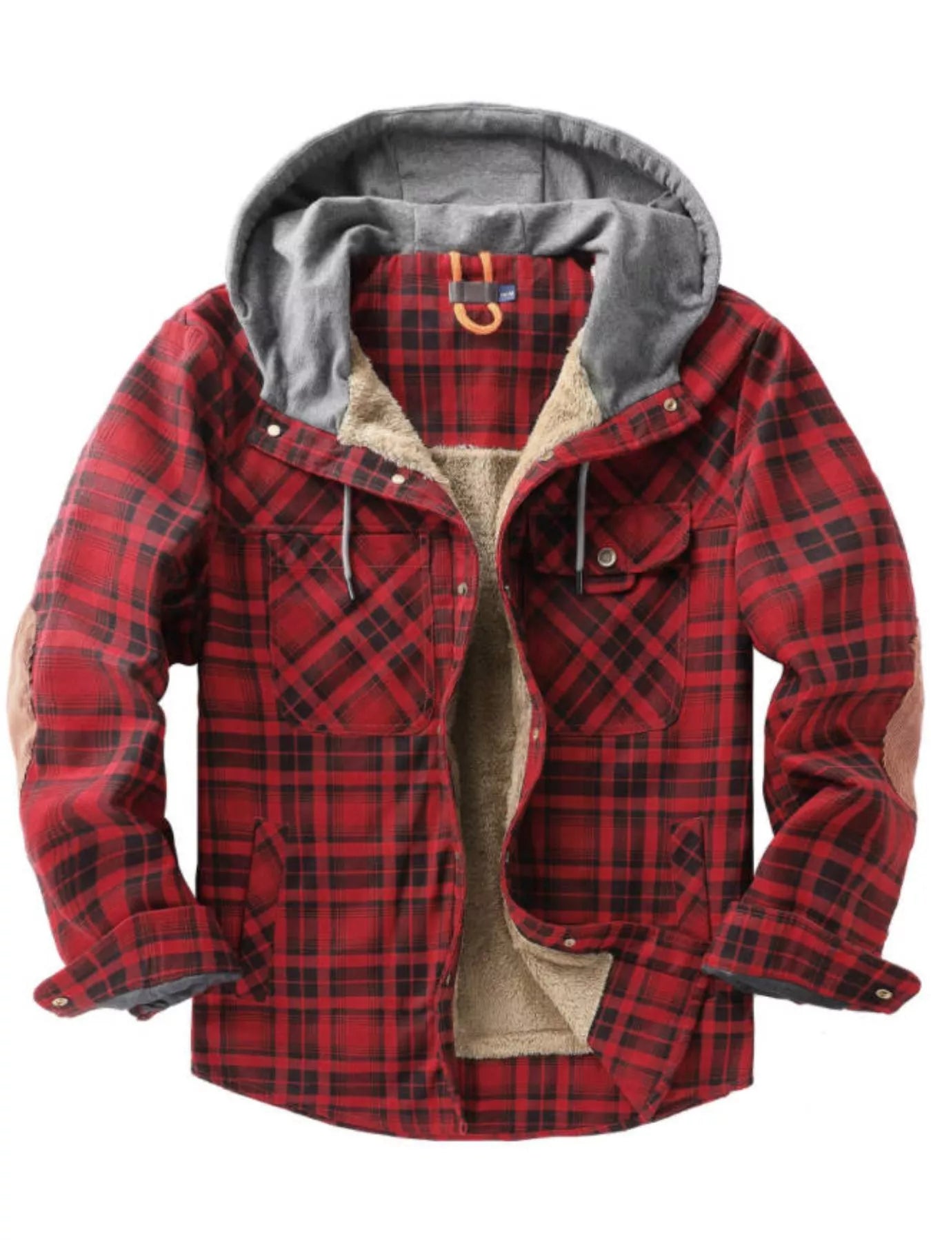 Men's Snap Down Plaid Flannel Hooded Jacket - Red -