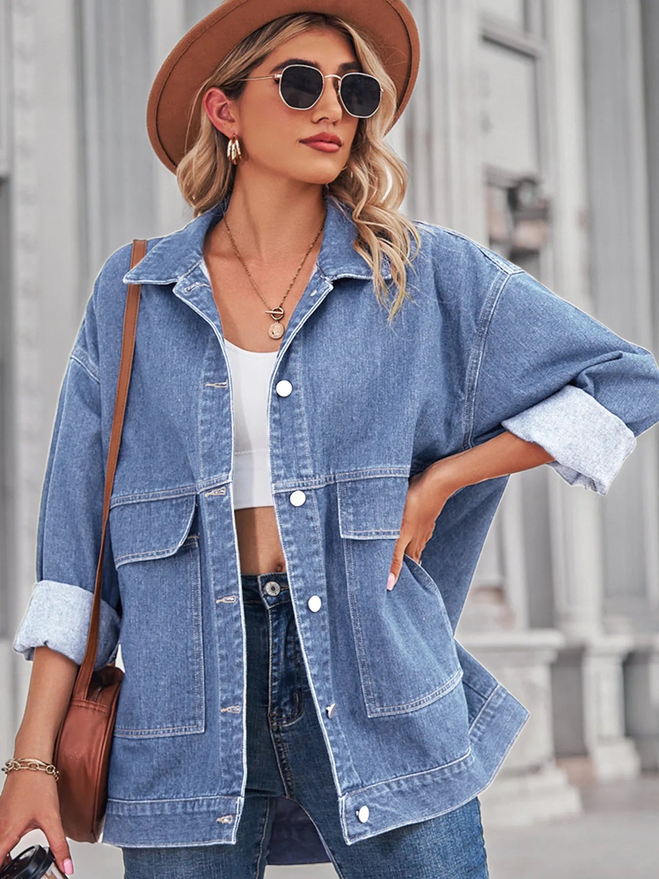 Button Up Long Sleeve Denim Jacket - Light Blue -