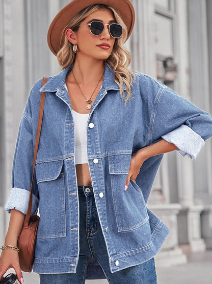 Button Up Long Sleeve Denim Jacket - Light Blue -