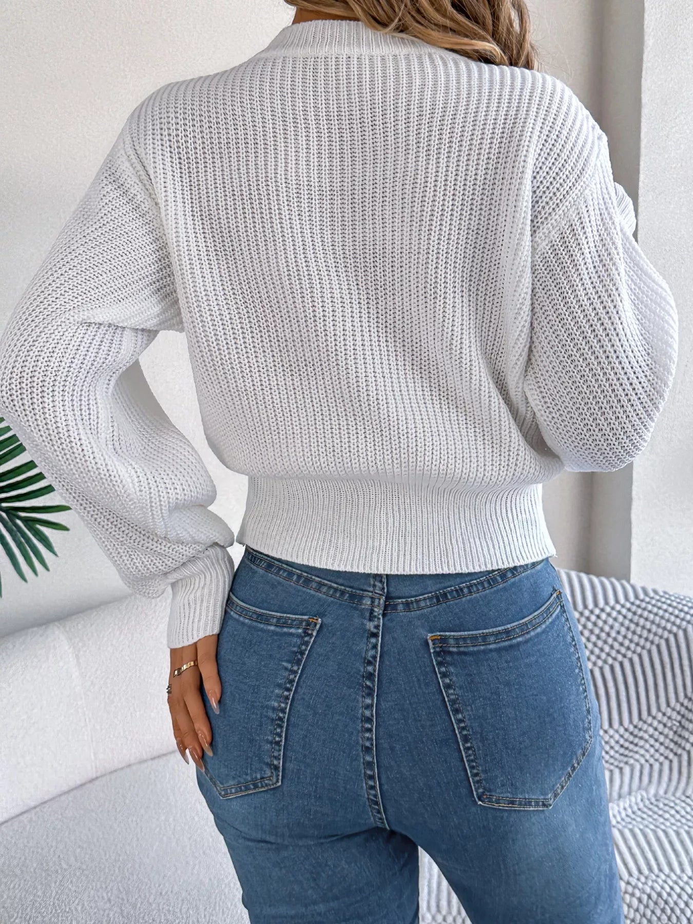 Cable Knit Diamond Pattern Long Sleeve Sweater - -