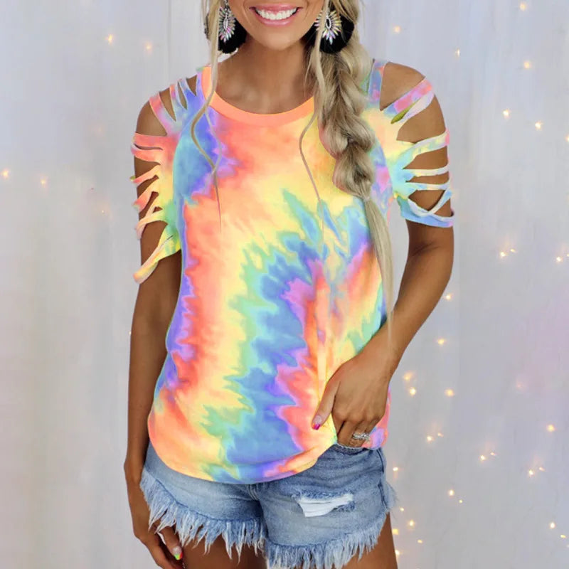 Tie Dye T Shirt Hollow Short Sleeve Loose T Shirt Casual Crew Neck Tee Tops