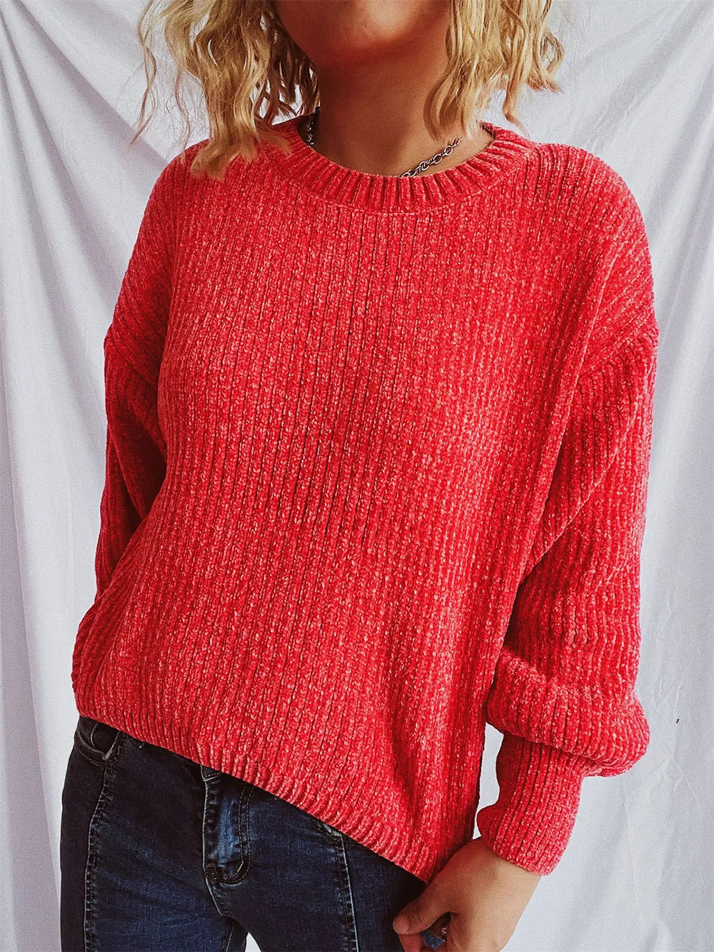 Round Neck Dropped Shoulder Long Sleeve Sweater - -