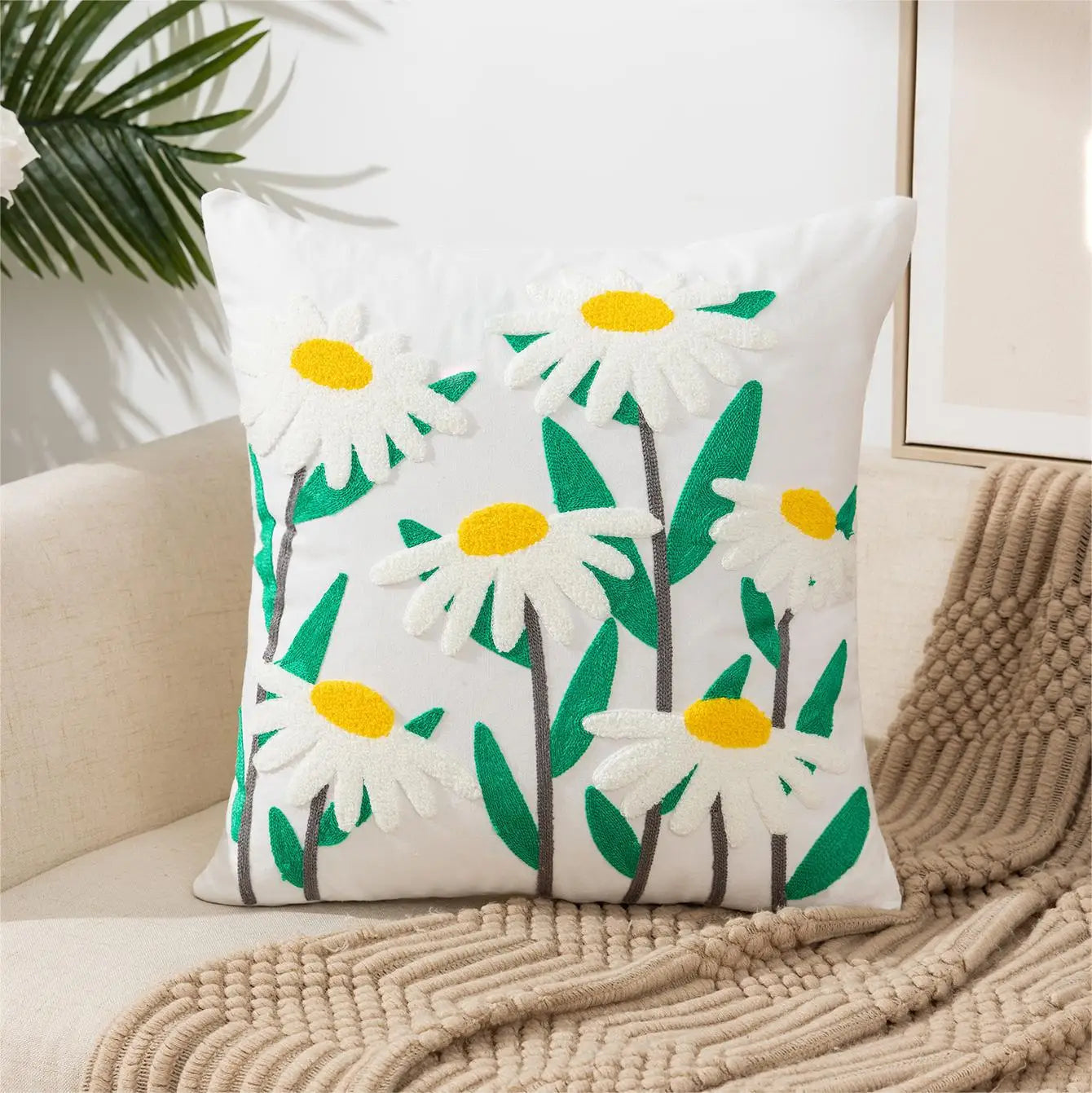 Flower Pillow Cover Embroidered Canvas Wool 18*18 Inch