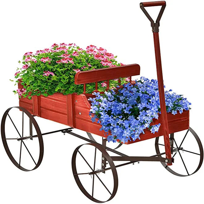 Wooden Garden Planter With Wheels 2 Planting Sections and Adjustable Handle