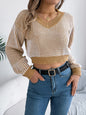 Striped V-Neck Long Sleeve Sweater - Tan -