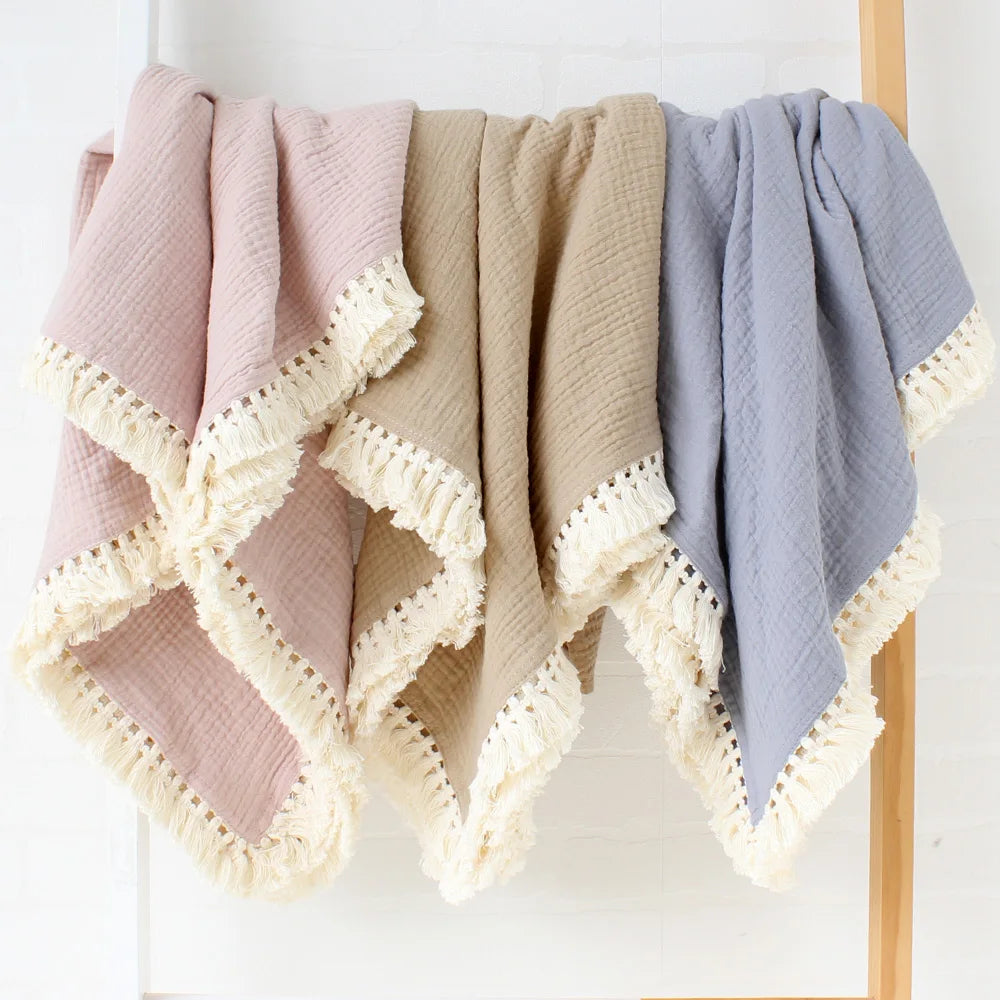 Solid Color Crinkle Cotton Muslin Swaddle Bath Towel Blanket With Tassel Trim