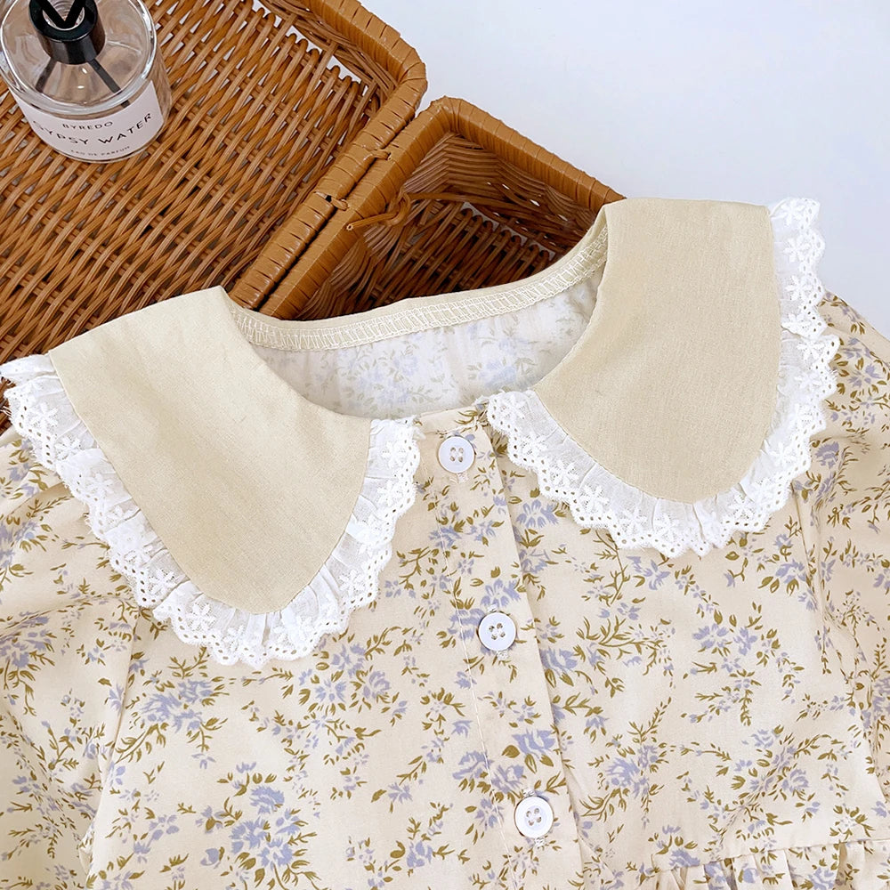 Girls Flower Lace Turn-Down Collar Princess Dress