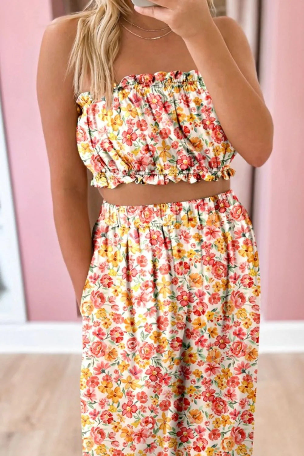 Boho Floral Bandeau Top and High Waist Wide Leg Pants Set - -