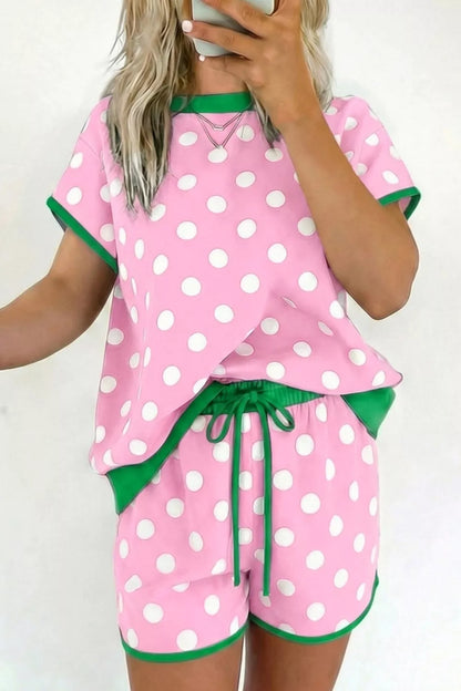 Polka Dot Contrast Trim Top and Drawstring Shorts Set- Shopimist- {{Product type}}