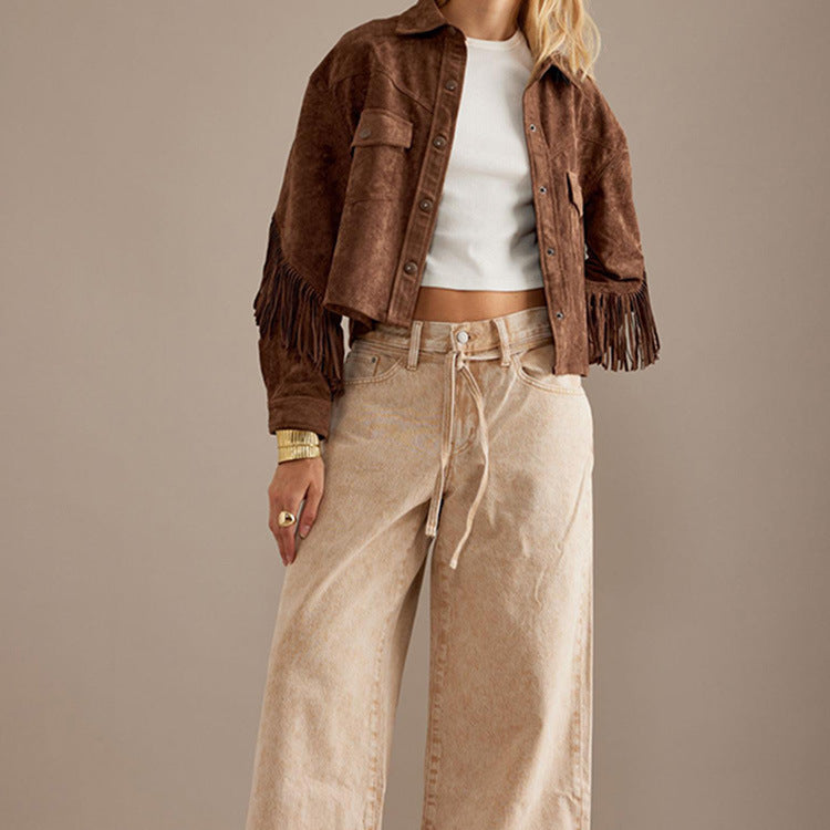 Brown Jacket With A Lapel Tassel Detailing, And Long Sleeves- Social Buzz eSIMs- {{Product type}}