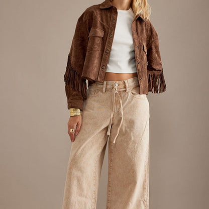 Brown Jacket With A Lapel Tassel Detailing, And Long Sleeves- Social Buzz eSIMs- {{Product type}}