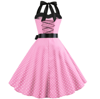 Polka Dot Strapless Vintage Dress with Flared Skirt - - dress