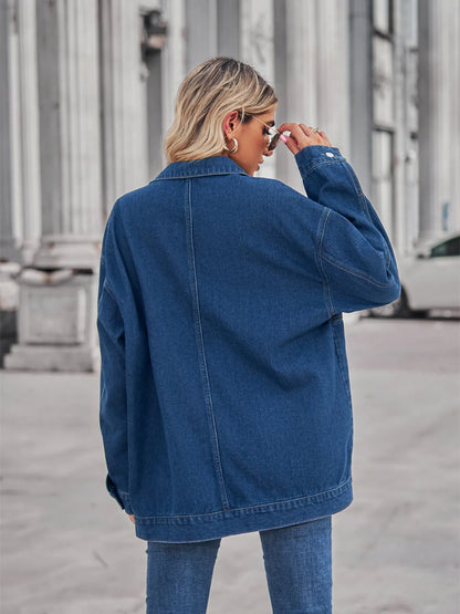 Button Up Long Sleeve Denim Jacket - -