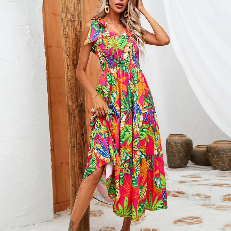 Summer Leaves Print Elastic Chest Dresses for Women Midi Spaghetti Strap Dress