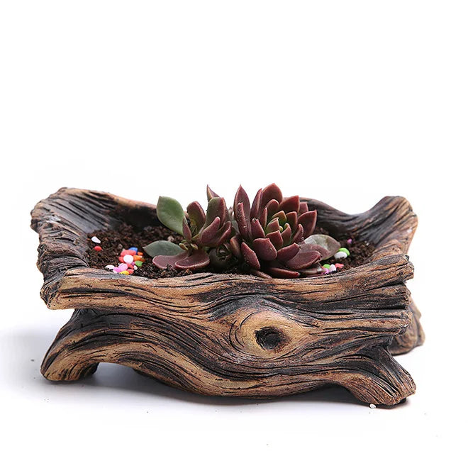 Driftwood Planter Wood Vintage Plant Container Cement Flower Pot