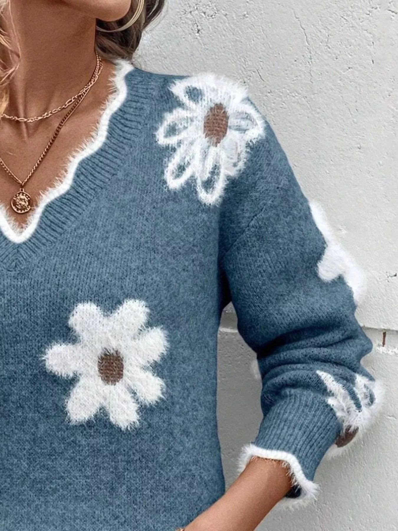 Floral V-Neck Long Sleeve Sweater - -