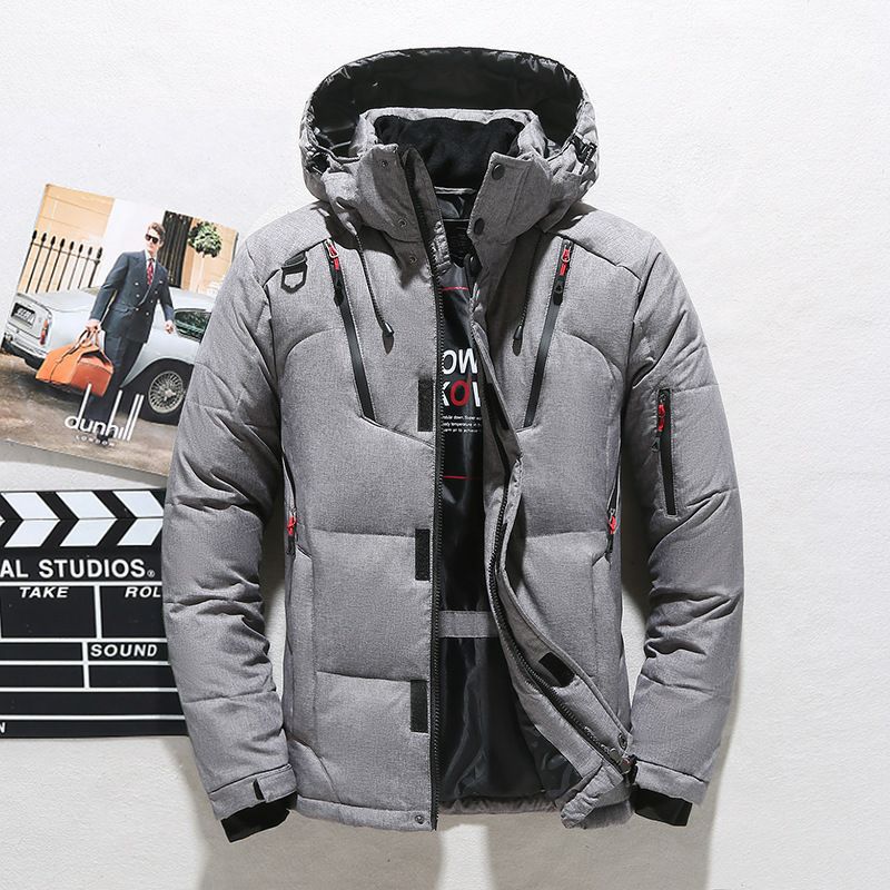 Mens Short Down Jacket with Hood - Grey L - Coat