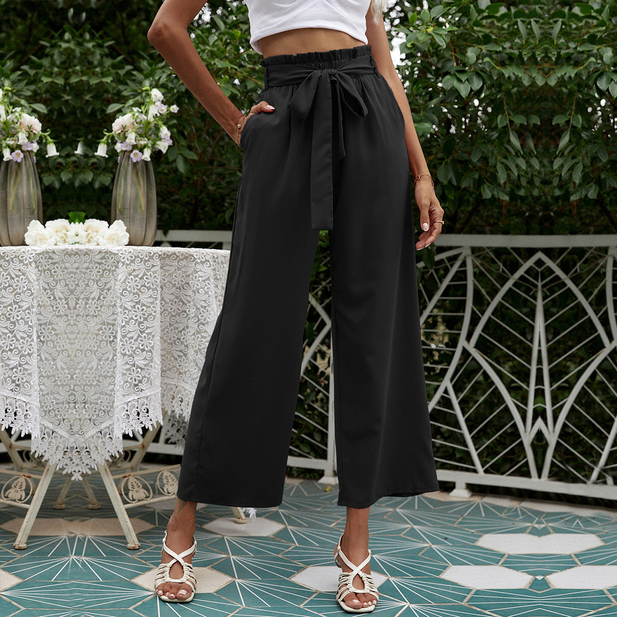 Solid Slant Pocket Belted Pant Women Trousers High Waist Casual Wide Leg Pants