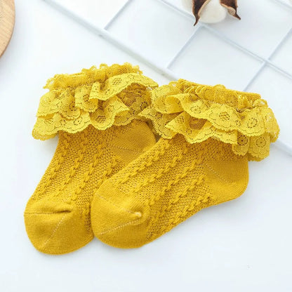 Girls Breathable Ruffled Lace Socks Yellow 1-2Y