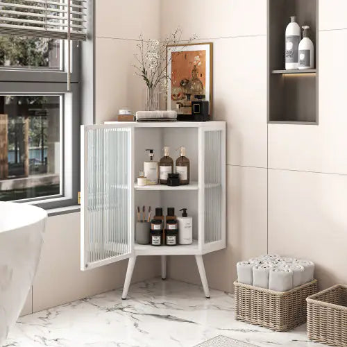 Floor Triangular Cabinet with Tempered Glass Door and Storage Shelves - - cabinet