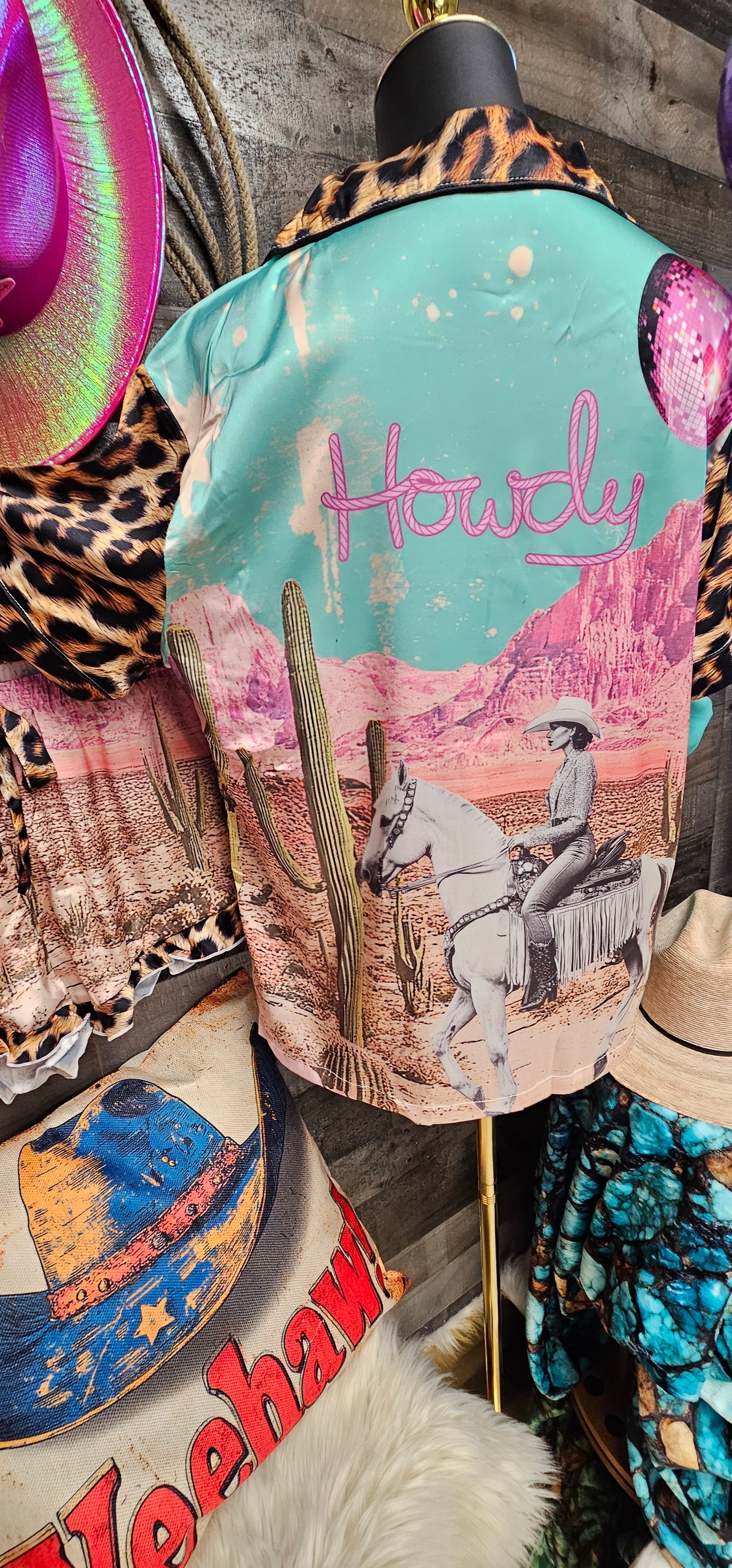Baha Ranch Retro Pop Western Howdy Desert Cowgirl Satin Pajamas - - Pajama Sets