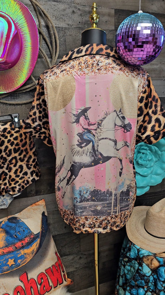 Baha Ranch Retro Pop Western Leopard Cowgirl Satin Pajamas - - Pajama Sets