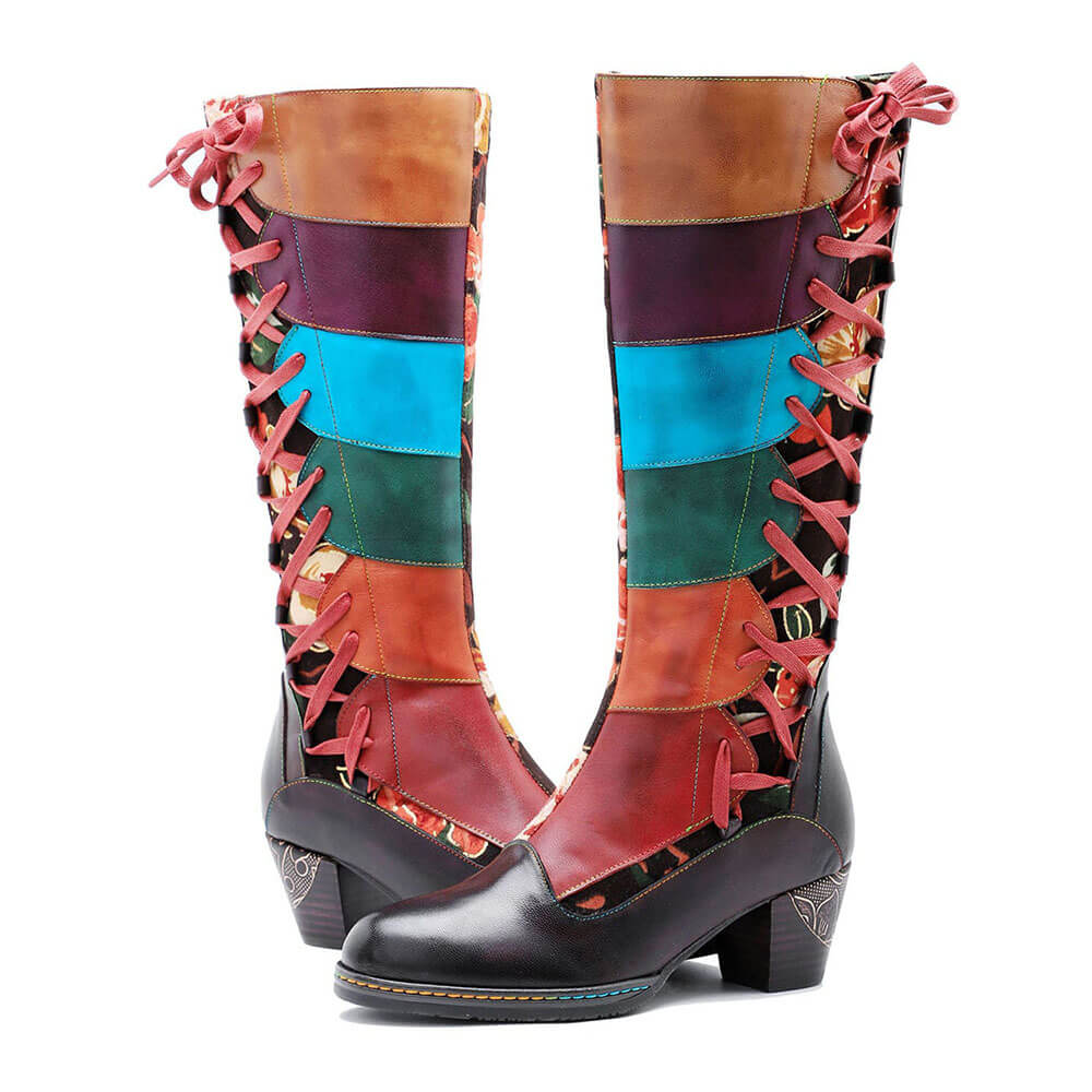 Leather Handmade Embossed Adjustable Boots - - Boots