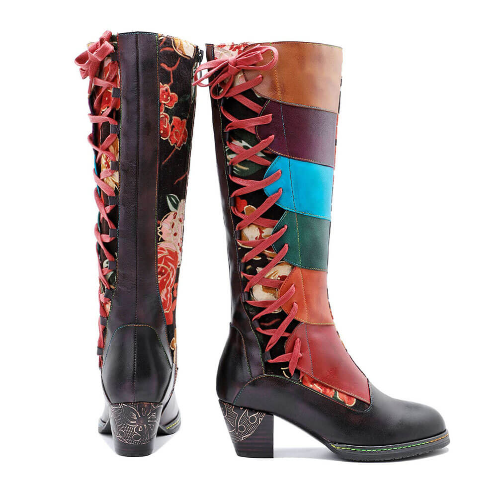 Leather Handmade Embossed Adjustable Boots - - Boots