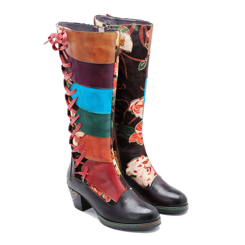 Leather Handmade Embossed Adjustable Boots - - Boots