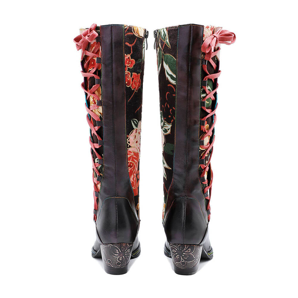 Leather Handmade Embossed Adjustable Boots - - Boots