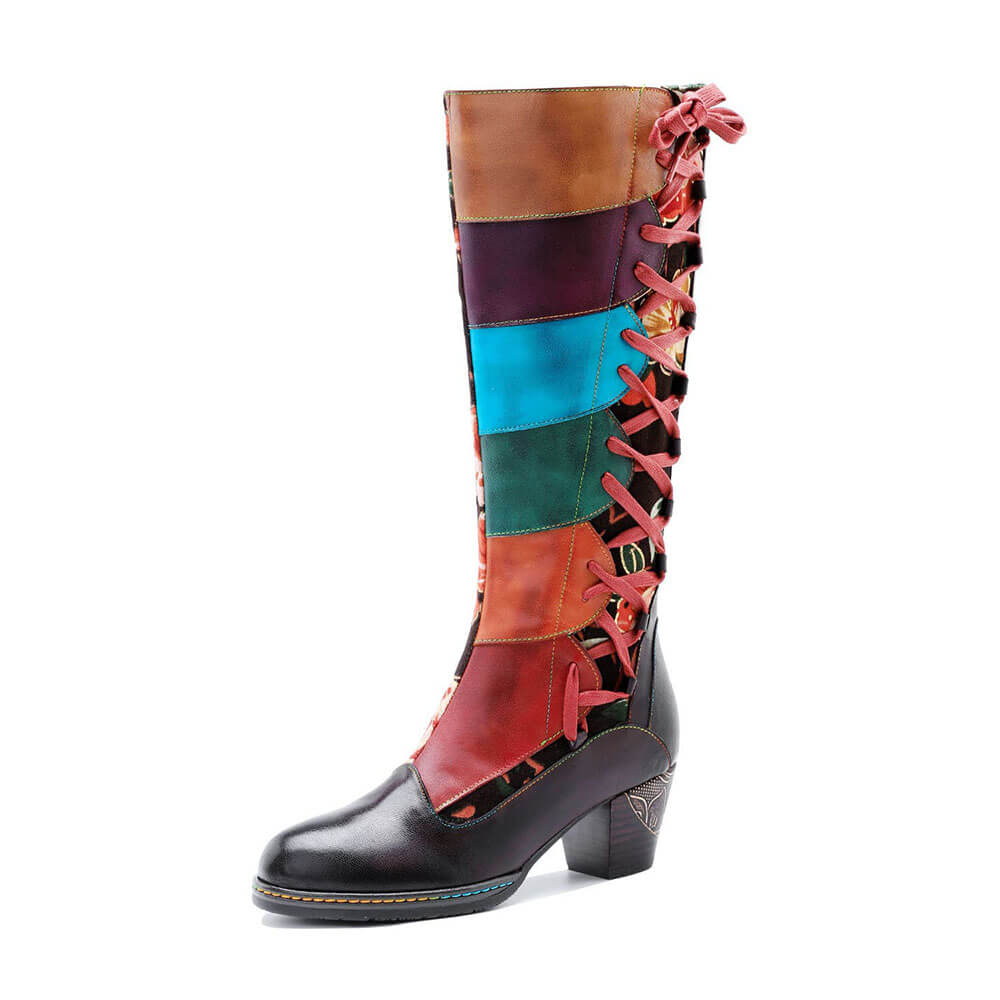 Leather Handmade Embossed Adjustable Boots - - Boots