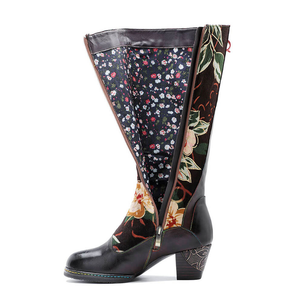 Leather Handmade Embossed Adjustable Boots - - Boots