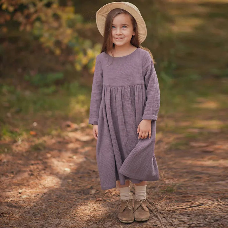 Cotton Girls Long Sleeve Button-Down Dress Purple