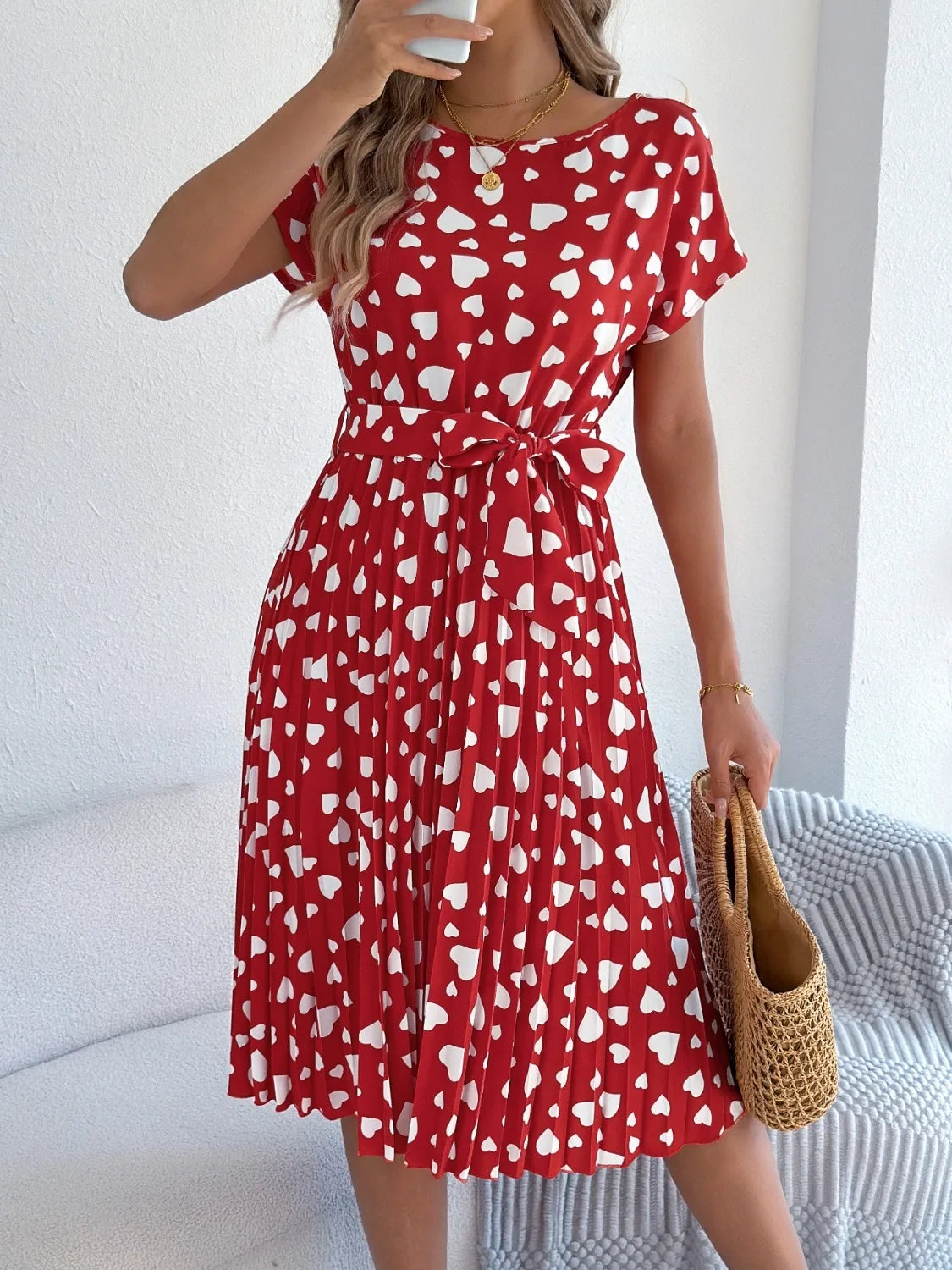 Heart Print Short Sleeve Tie Waist Dress - -